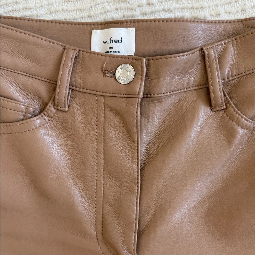 Aritzia Wilfred Camel faux Leather Trousers. The Melina Pant